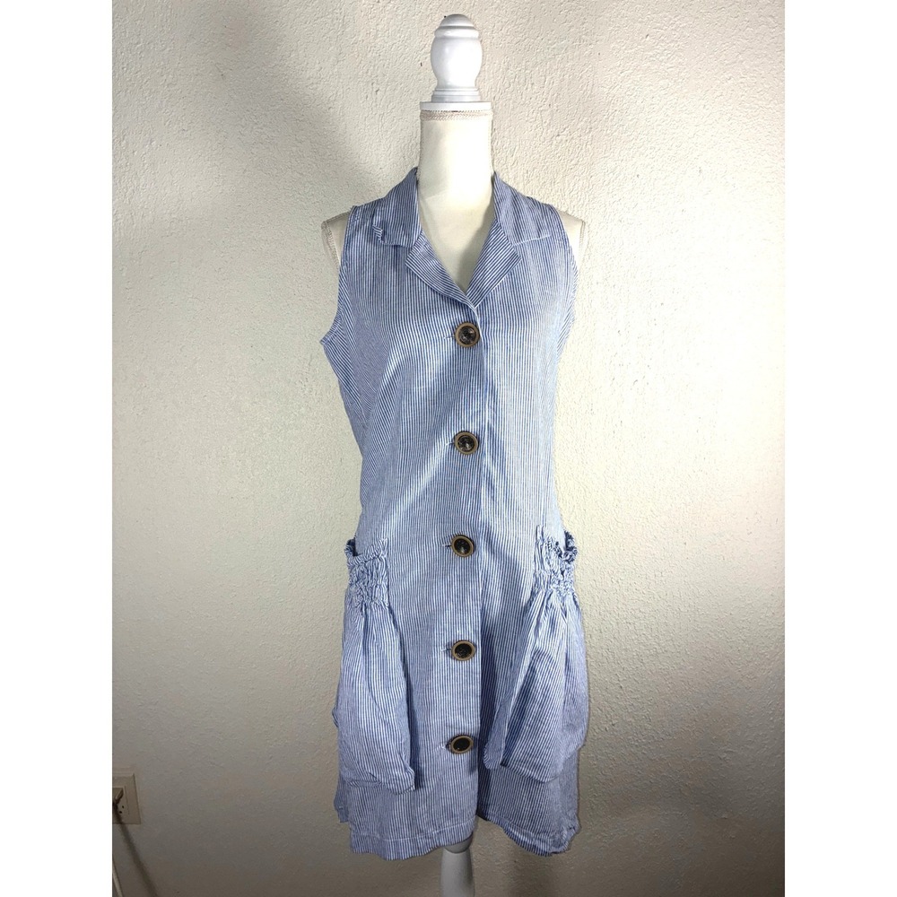 For Cynthia Blue White Striped Linen Cotton Sleeveless Button Front Dress Small